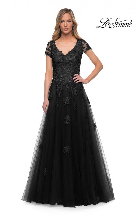 Picture of: Tulle A Line Gown with Lace Applique and V Neck in Slate, Detail Picture 1