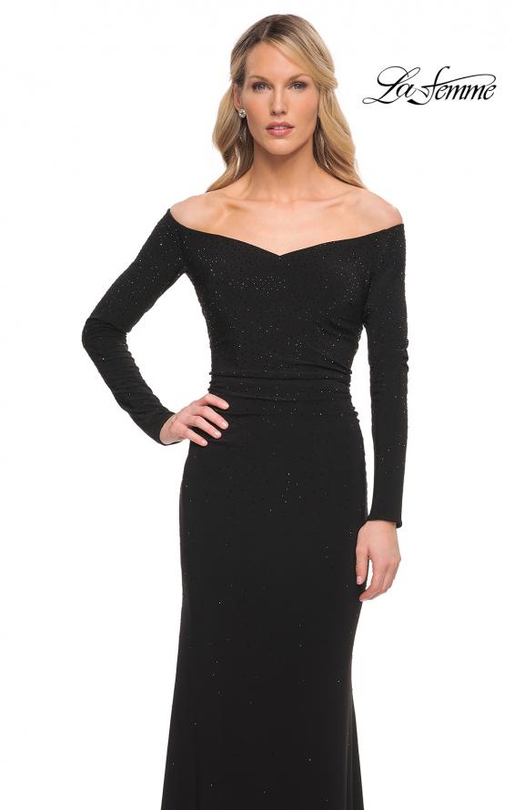 Picture of: Off the Shoulder Jersey Evening Dress with Long Sleeves in Black, Style: 30073, Detail Picture 1