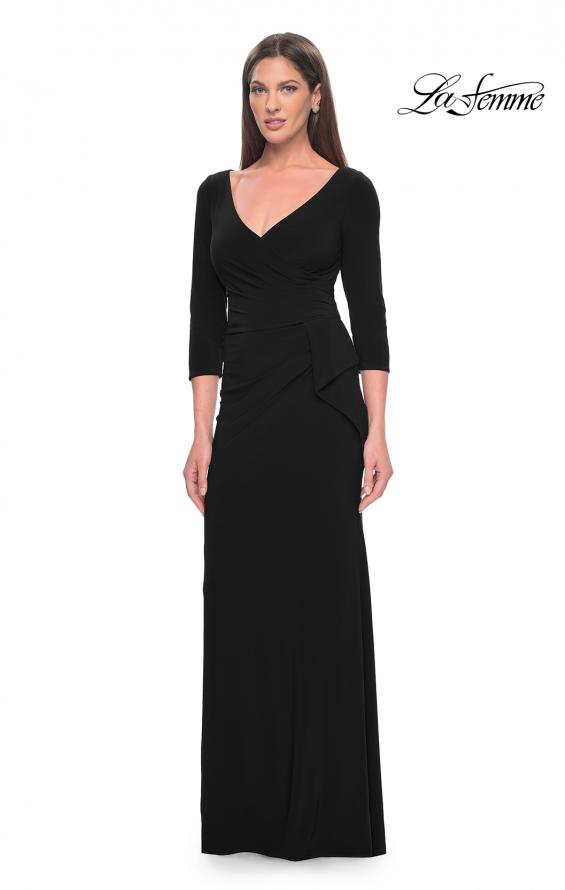 Picture of: Three Quarter Sleeve Jersey Evening Dress with Ruffle Detail in Black, Style: 30967, Detail Picture 1