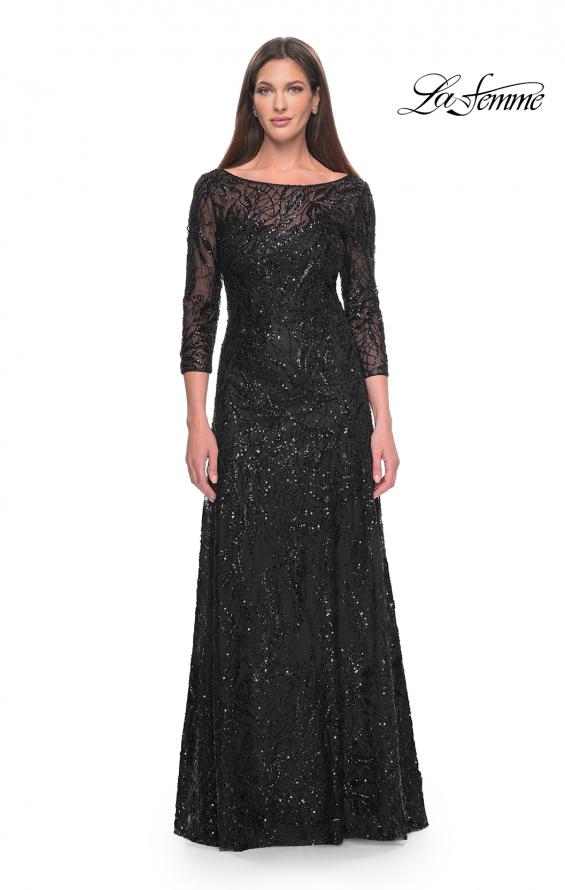 Picture of: Beautiful Beaded Long Dress with Illusion Sleeves in Black, Style: 31690, Detail Picture 1