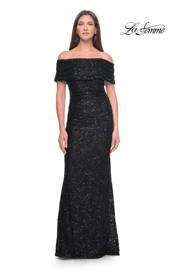 Picture of: Off the Shoulder Ruched Beaded Lace Evening Gown in Black, Style: 31778, Detail Picture 1