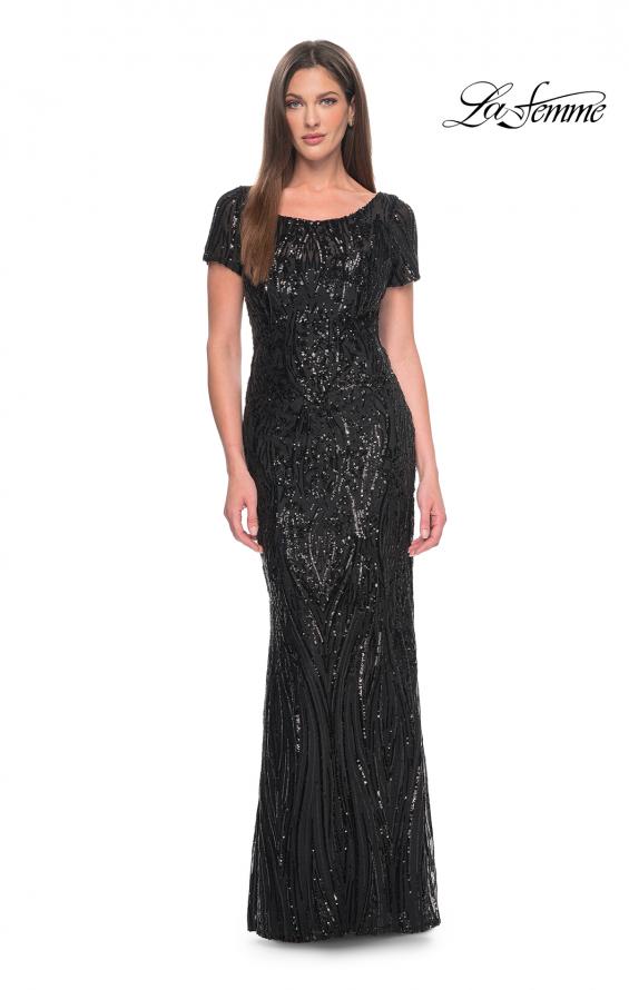 Picture of: Short Sleeve Print Sequin Evening Dress in Black, Style: 31852, Detail Picture 1