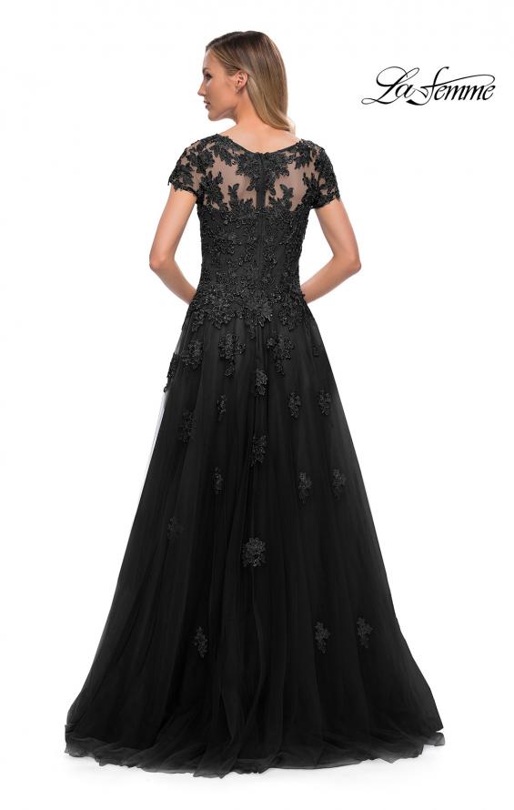 Picture of: Tulle A Line Gown with Lace Applique and V Neck in Slate, Detail Picture 2