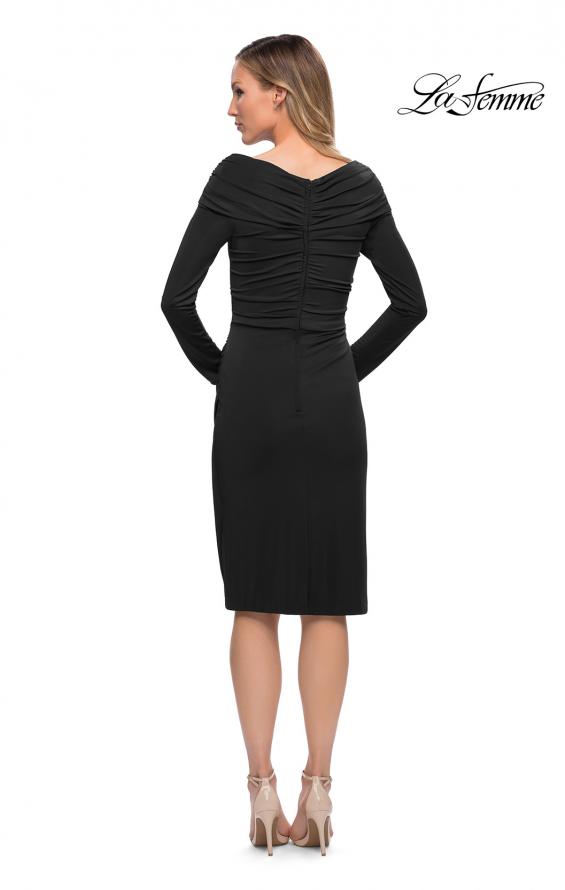 Picture of: Long Sleeve Below the Knee Dress with V Neckline in Black, Detail Picture 2