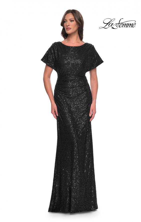 Picture of: Sequin Stretch Evening Dress with High Neckline and Dolman Sleeves in Black, Style: 30885, Detail Picture 2