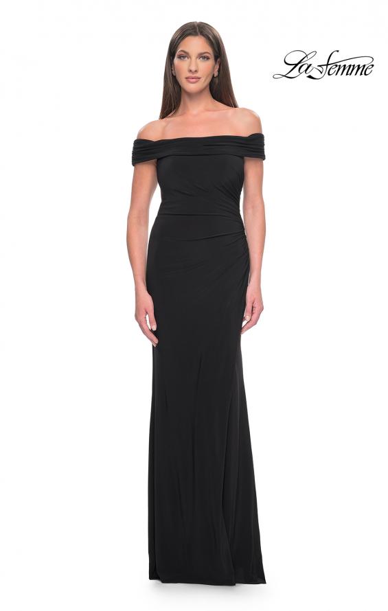 Picture of: Off the Shoulder Jersey Dress with Ruching and Slit in Black, Style: 31086, Detail Picture 2
