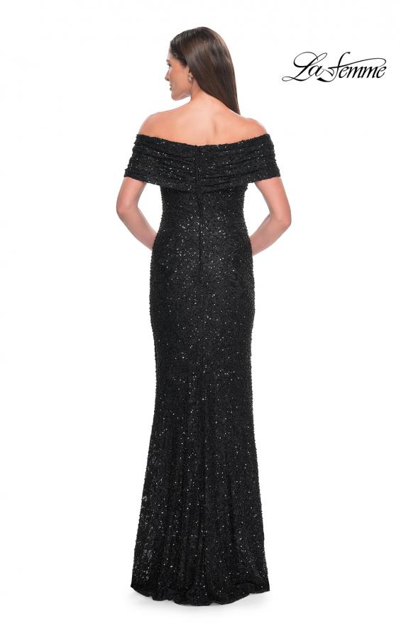 Picture of: Off the Shoulder Ruched Beaded Lace Evening Gown in Black, Style: 31778, Detail Picture 2