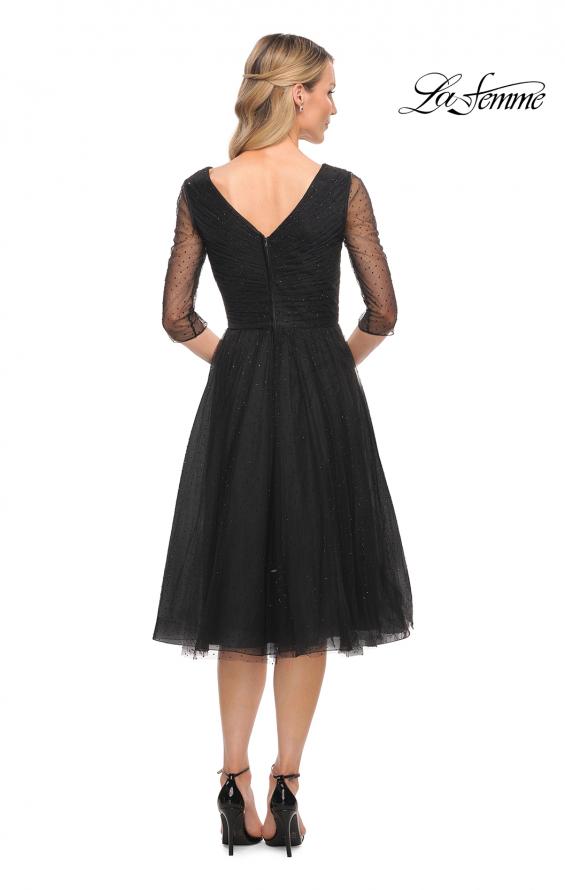 Picture of: Tea Length Tulle Dress with Beading and Sheer Sleeve in Black, Detail Picture 3