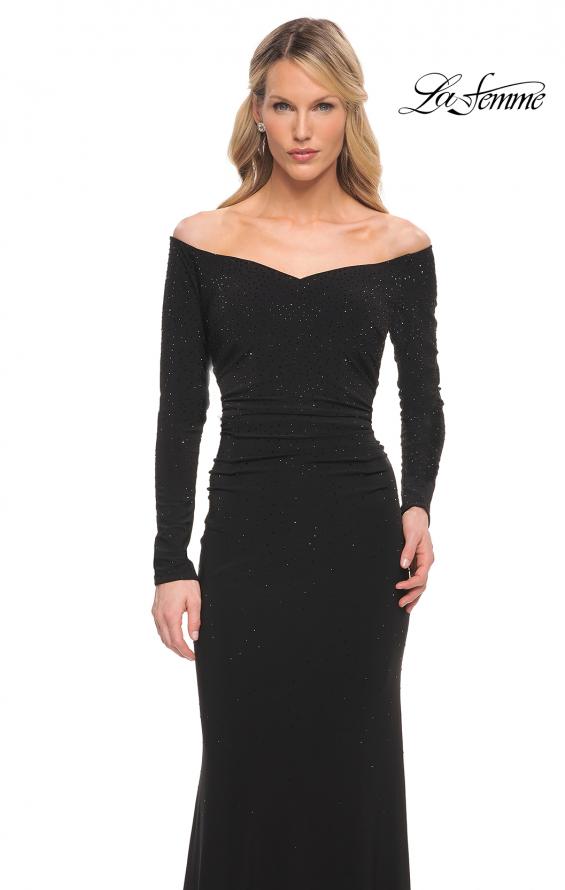Picture of: Off the Shoulder Jersey Evening Dress with Long Sleeves in Black, Style: 30073, Detail Picture 3