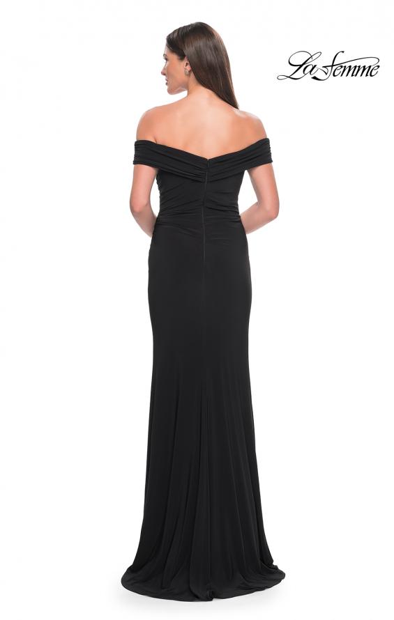 Picture of: Off the Shoulder Jersey Dress with Ruching and Slit in Black, Style: 31086, Detail Picture 3