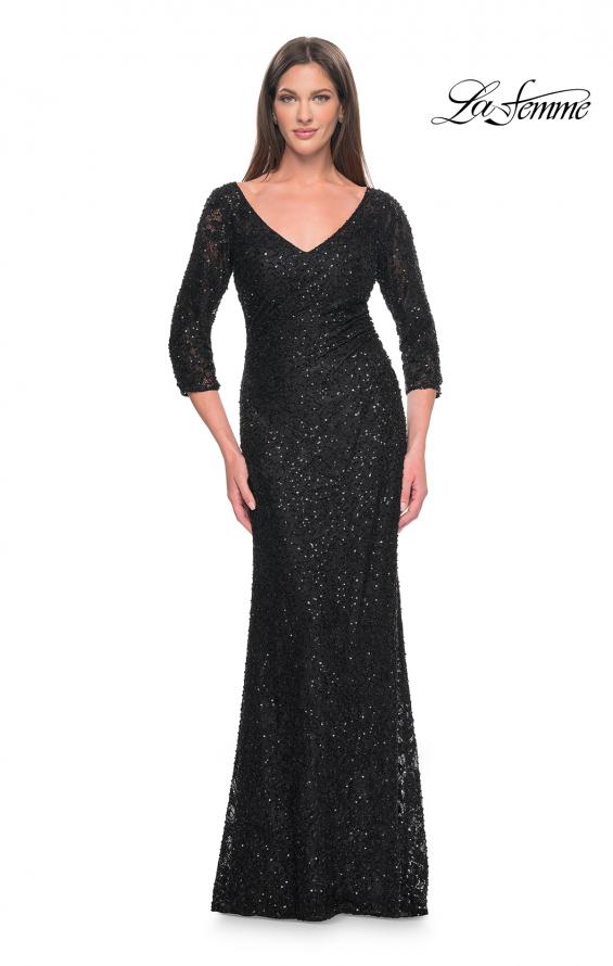 Picture of: Fitted Beaded Lace Evening Gown with Ruching in Black, Style: 31721, Detail Picture 3