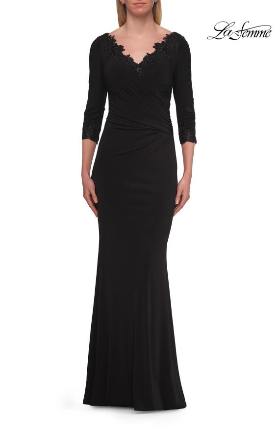 Picture of: V-Neck Lace Trim Gown with Three-Quarter Sleeves in Black, Style: 33658, Detail Picture 3