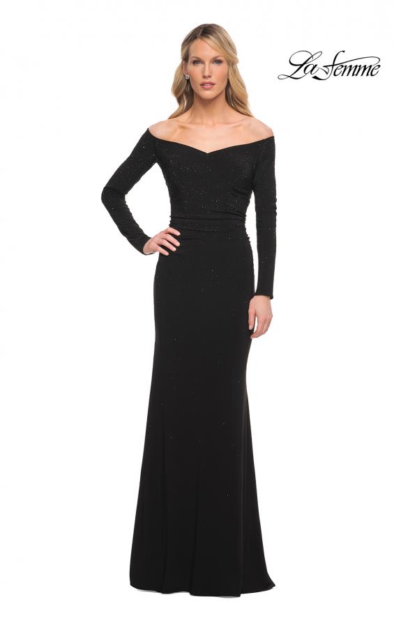 Picture of: Off the Shoulder Jersey Evening Dress with Long Sleeves in Black, Style: 30073, Detail Picture 4
