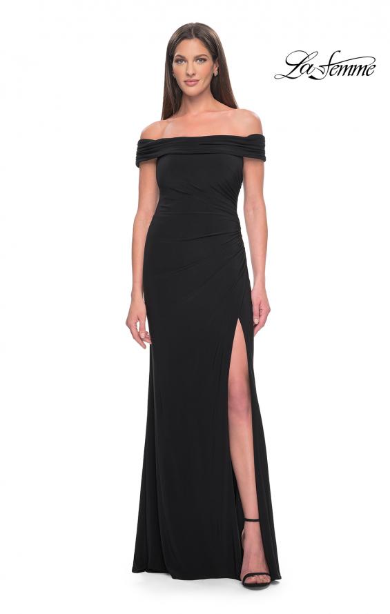 Picture of: Off the Shoulder Jersey Dress with Ruching and Slit in Black, Style: 31086, Detail Picture 4