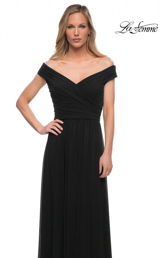 Picture of: Off the Shoulder Net Jersey Long Dress with Ruching in Black, Detail Picture 5