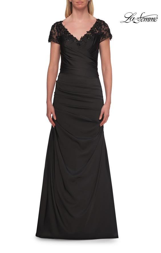 Picture of: Ruched Satin Gown with Lace Cap Sleeves and Illusion Back in Black, Style: 32431, Detail Picture 5