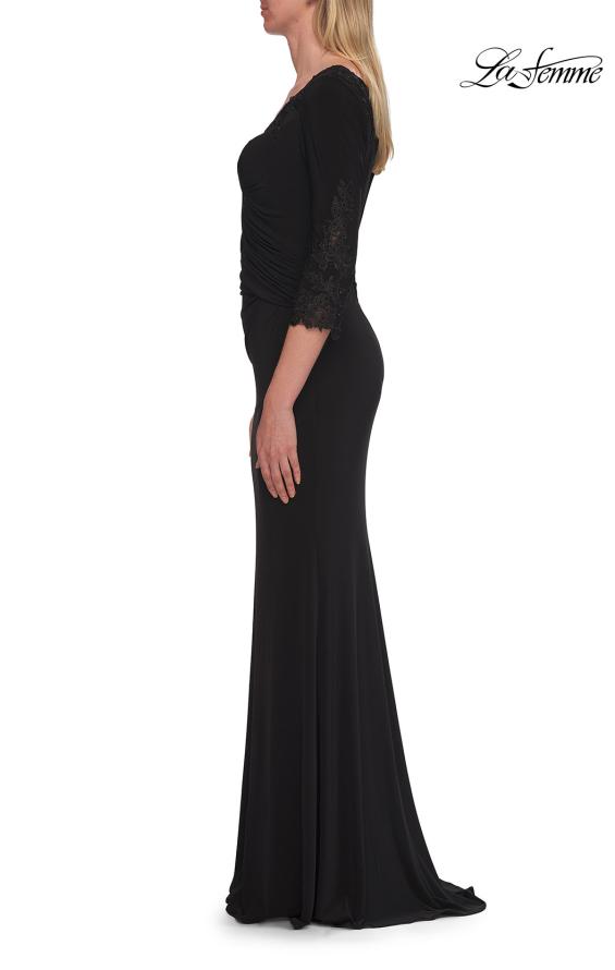 Picture of: V-Neck Lace Trim Gown with Three-Quarter Sleeves in Black, Style: 33658, Detail Picture 5