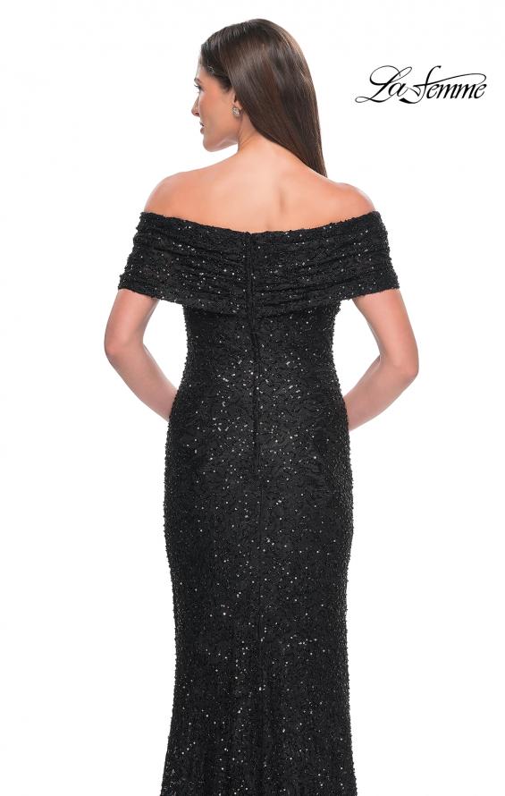 Picture of: Off the Shoulder Ruched Beaded Lace Evening Gown in Black, Style: 31778, Detail Picture 6