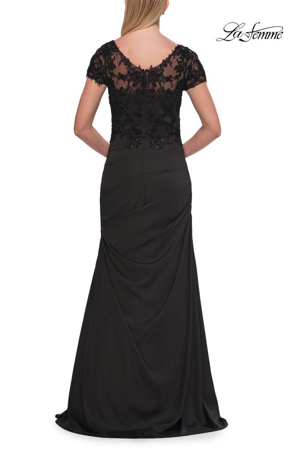 Picture of: Ruched Satin Gown with Lace Cap Sleeves and Illusion Back in Black, Style: 32431, Detail Picture 6