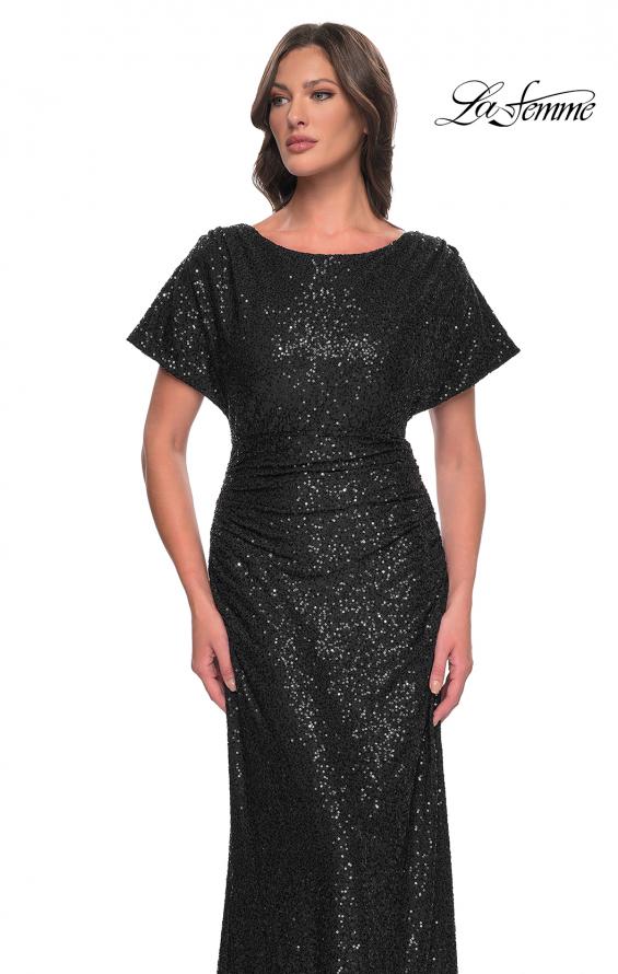 Picture of: Sequin Stretch Evening Dress with High Neckline and Dolman Sleeves in Black, Style: 30885, Detail Picture 7