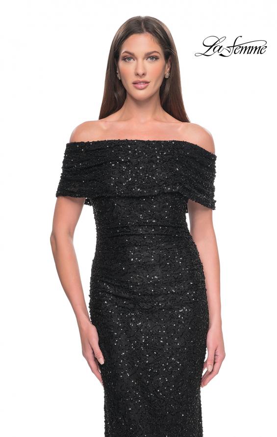 Picture of: Off the Shoulder Ruched Beaded Lace Evening Gown in Black, Style: 31778, Detail Picture 7