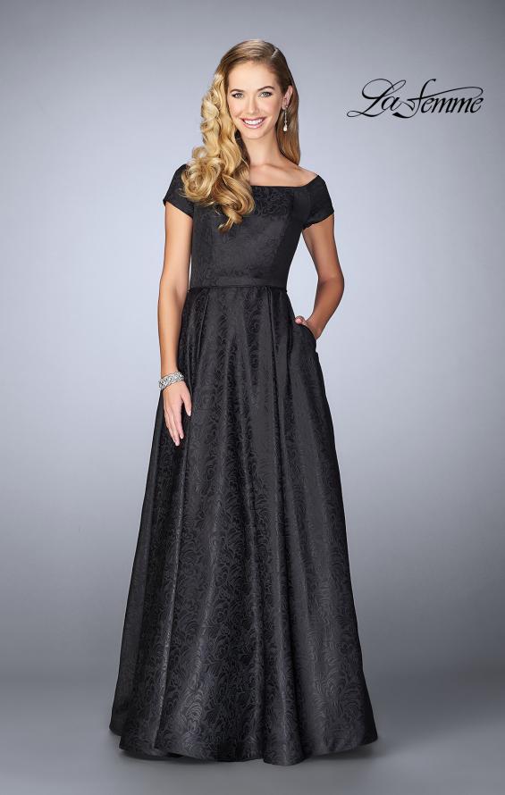 Picture of: Off The Shoulder Jacquard Gown With Small Sleeves in Black, Style: 24859, Main Picture