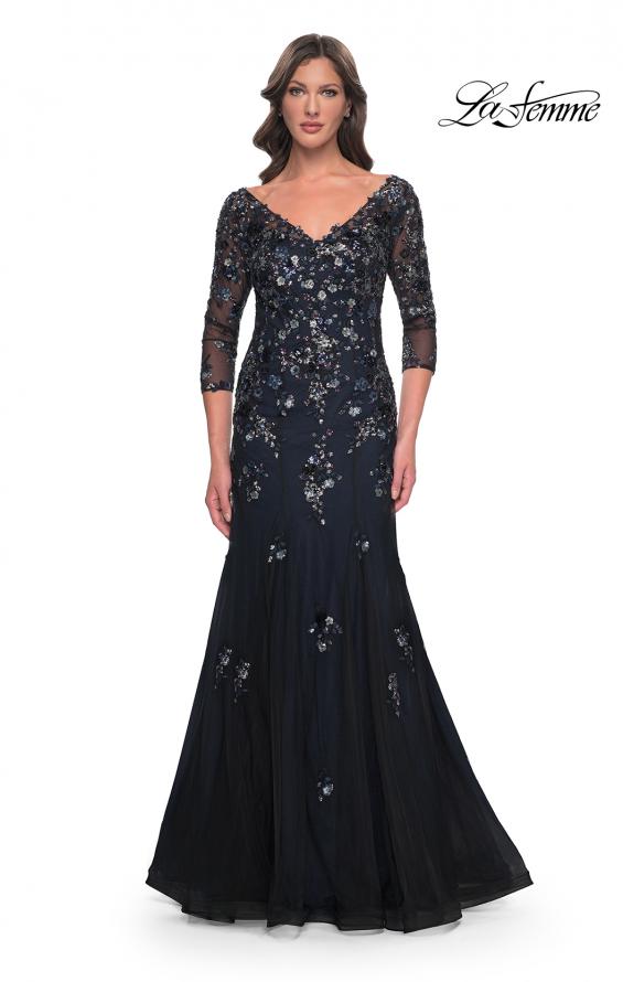 Picture of: Mermaid Lace Applique Gown with V Neckline and Sleeves in Black Navy, Style: 30860, Main Picture