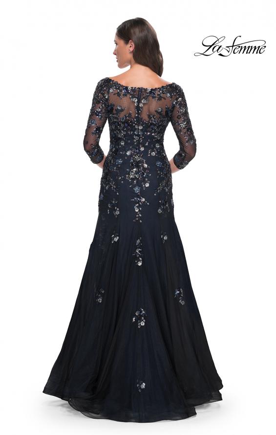 Picture of: Mermaid Lace Applique Gown with V Neckline and Sleeves in Black Navy, Style: 30860, Back Picture
