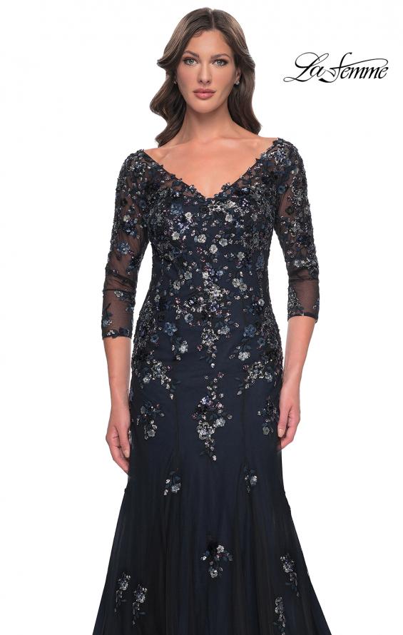 Picture of: Mermaid Lace Applique Gown with V Neckline and Sleeves in Black Navy, Style: 30860, Detail Picture 1