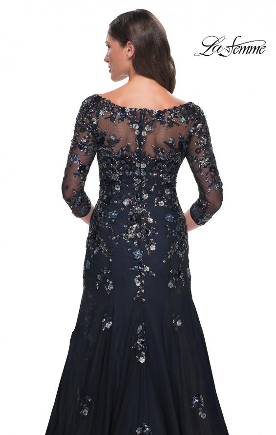 Picture of: Mermaid Lace Applique Gown with V Neckline and Sleeves in Black Navy, Style: 30860, Detail Picture 2