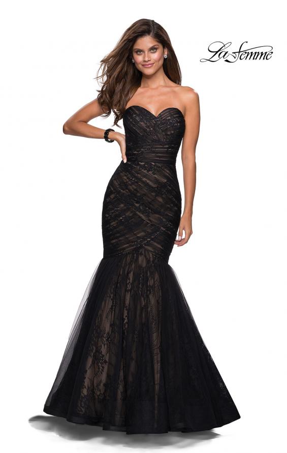 Picture of: Strapless Mermaid Long Lace Prom Dress in Black Nude, Style: 27333