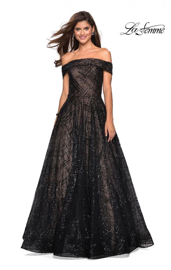 Picture of: sequin Ball Gown with Off the Shoulder Top in Black Nude, Style: 27577, Main Picture