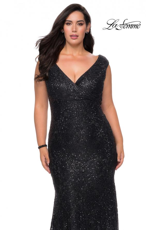 Picture of: Curvy Stretch Lace Dress with V-Neck and Rhinestones in Black, Style: 28837, Main Picture