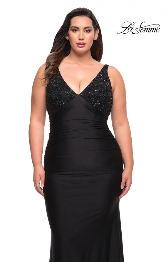 Picture of: Jersey Plus Gown with Jeweled Bodice and V Neckline in Black, Style: 29751, Main Picture