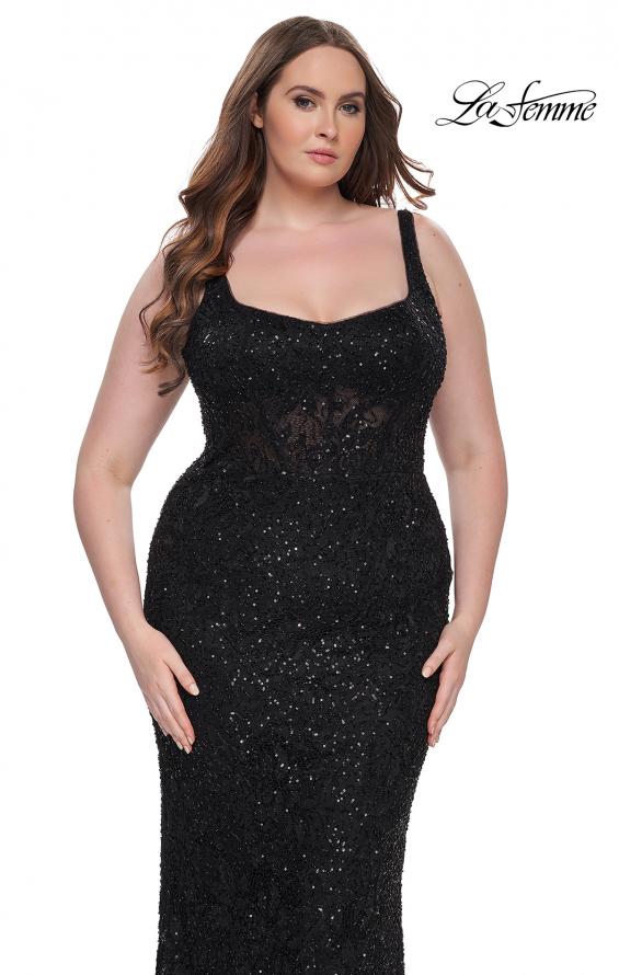 Picture of: Fitted Beaded Lace Plus Size Prom Dress with Illusion Waist in Black, Style: 31535, Main Picture