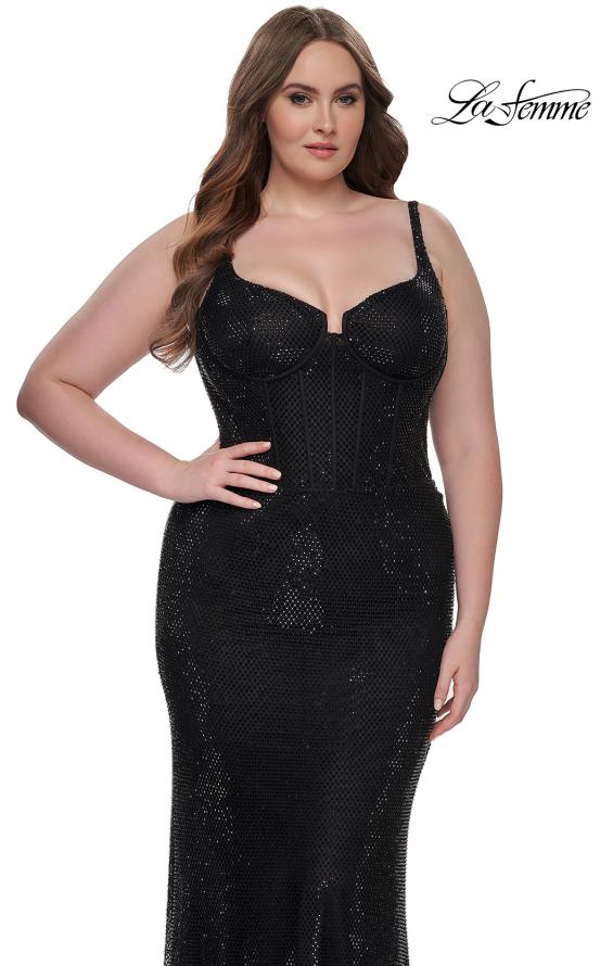 Picture of: Rhinestone Fishnet Plus Size Dress with Bustier Top in Black, Style: 32189, Main Picture