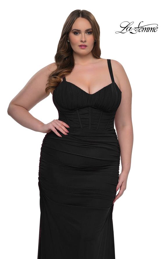 Picture of: Corset Net Jersey Plus Size Dress with V Neck in Black, Style: 32402, Main Picture