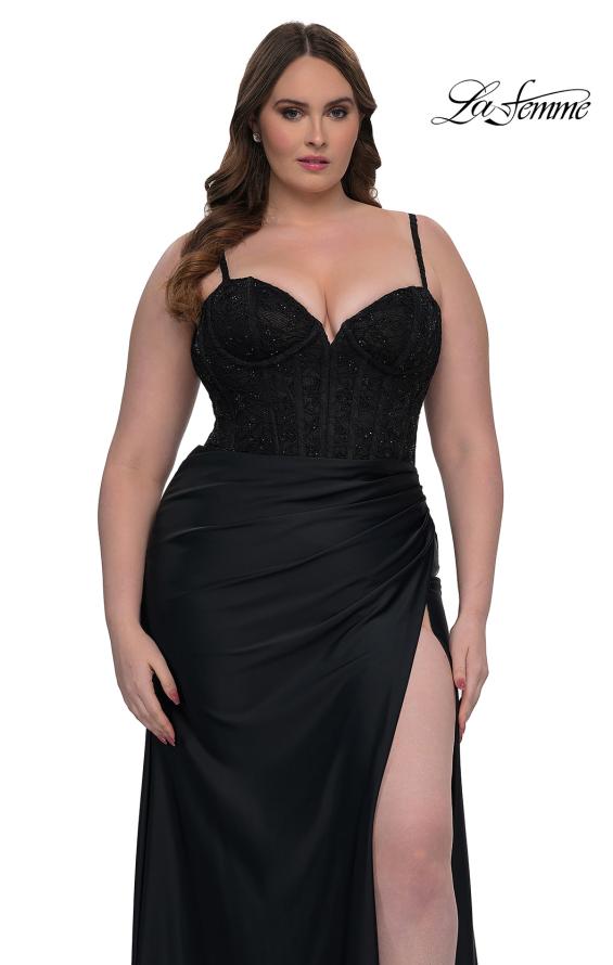 Picture of: Plus Size Prom Dress with Lace Corset Top and Jersey Skirt in Black, Style: 32449, Main Picture