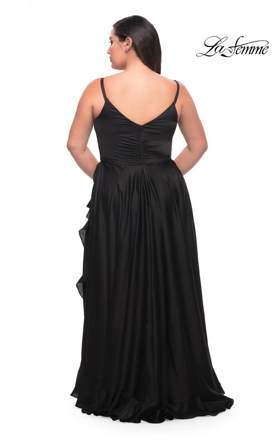 Picture of: Ruffle Slit Satin Long Plus Size Dress with V Neck in Black, Style: 29740, Detail Picture 8