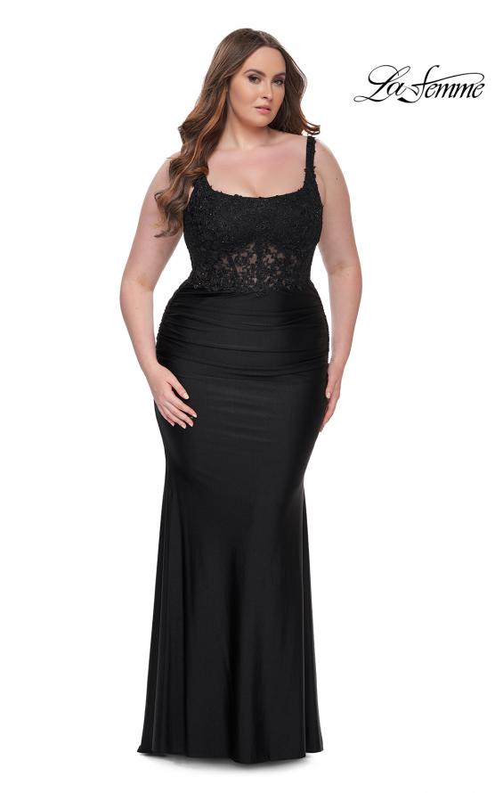 Picture of: Ruched Jersey Plus Dress with Illusion Lace Bodice and Tie Back in Black, Style: 31273, Detail Picture 8