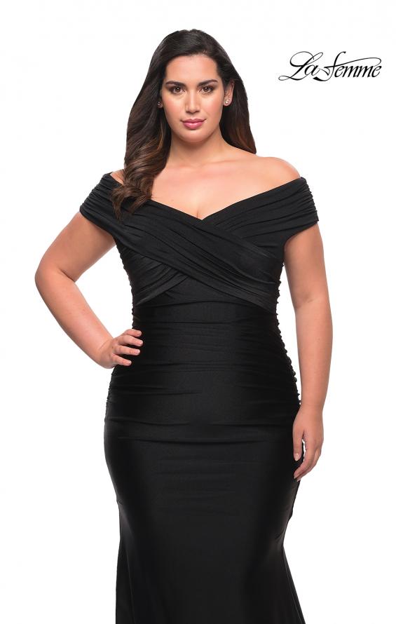 Picture of: Off the Shoulder Ruched Plus Size Gown with Train in Black, Style: 29132, Detail Picture 9