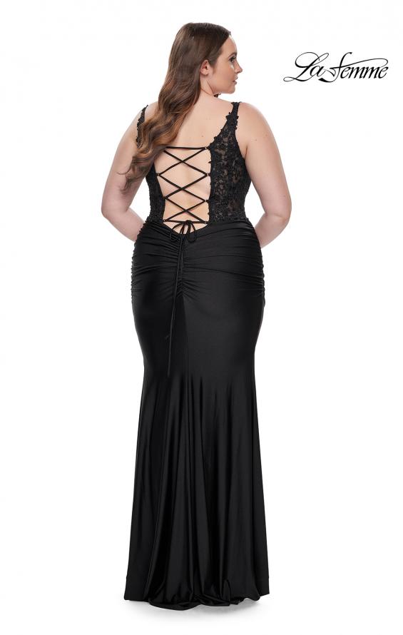 Picture of: Ruched Jersey Plus Dress with Illusion Lace Bodice and Tie Back in Black, Style: 31273, Detail Picture 9