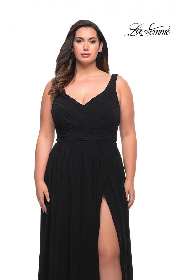 Picture of: Net Jersey Plus Size Long Dress with Slit and V Neck in Black, Style: 29075, Detail Picture 10