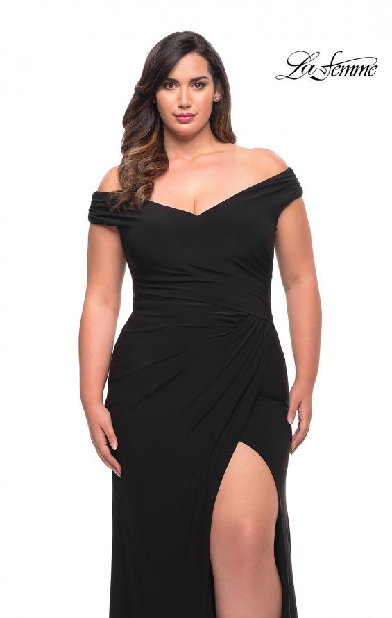 Picture of: Matte Jersey Long Plus Dress with Ruching and Slit in Black, Style: 29663, Detail Picture 10