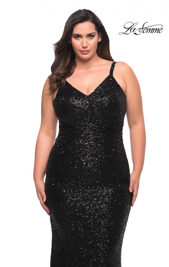 Picture of: V Neck Sequin Plus Size Long Gown in Black, Style: 29546, Detail Picture 11