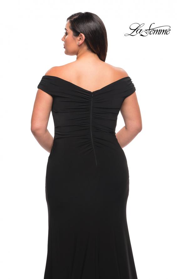 Picture of: Matte Jersey Long Plus Dress with Ruching and Slit in Black, Style: 29663, Detail Picture 11