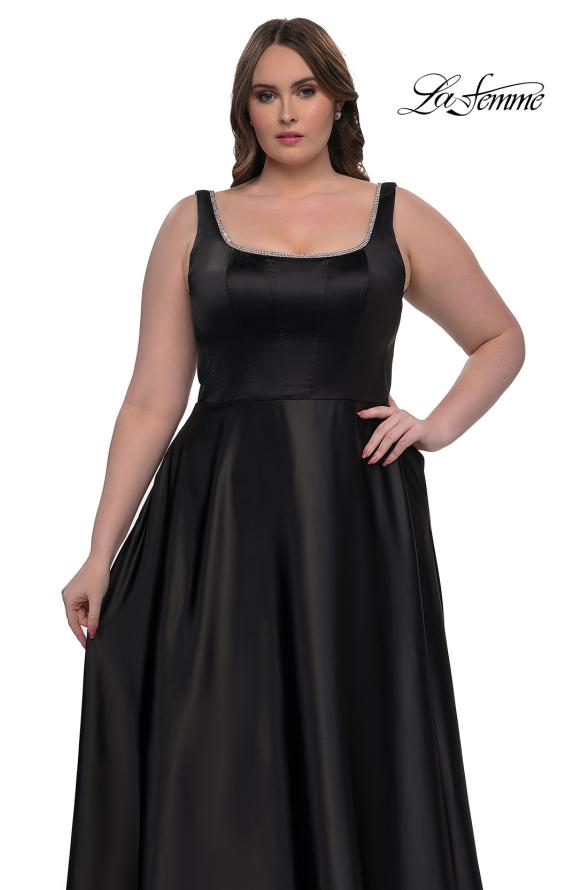 Picture of: A-line Satin Plus Prom Dress with Rhinestone Neckline in Black, Style: 33026, Detail Picture 11