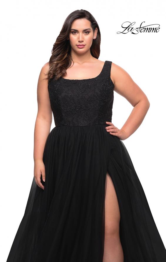 Picture of: A-line Tulle and Lace Plus Size Gown with Slit in Black, Style: 29070, Detail Picture 12