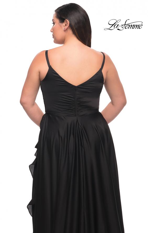Picture of: Ruffle Slit Satin Long Plus Size Dress with V Neck in Black, Style: 29740, Detail Picture 13