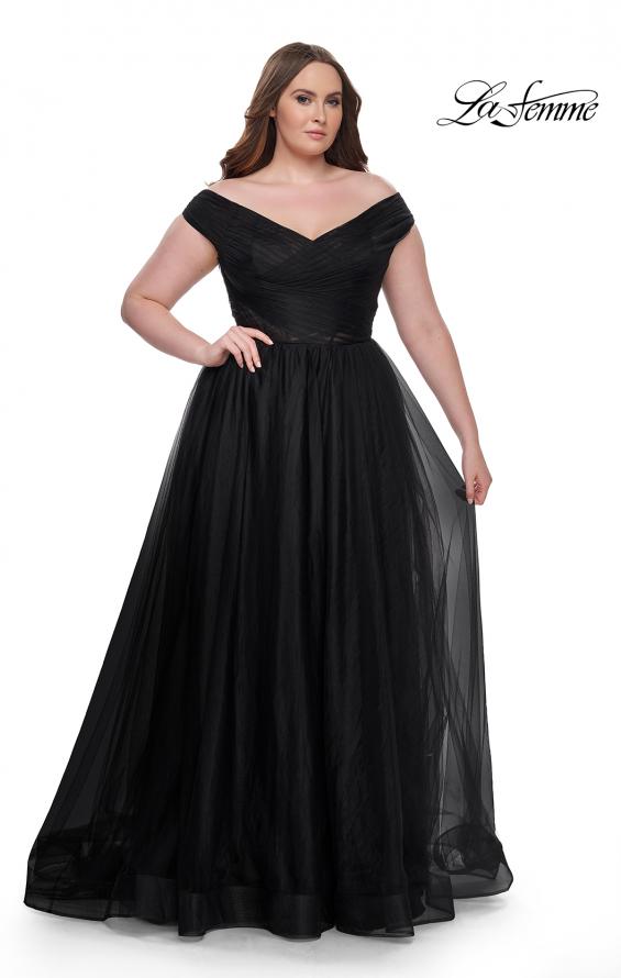 Picture of: A-Line Tulle Off the Shoulder Plus Size Dress with Slit in Black, Style: 32204, Detail Picture 13